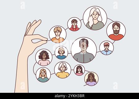 Le connessioni di rete tra persone diverse, nelle mani della persona, formarono una comunità di interessi. Creazione di una catena di networking per trovare amici o ga Foto Stock