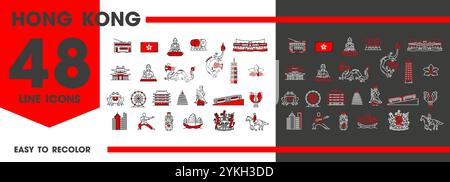 Hong Kong Travel simbolo di turismo e turismo asiatico, simboli vettoriali. Bandiera e mappa di Hong Kong, tempio a pagoda di Buddha e architettura della città, drago e tour in barca con simboli nazionali Illustrazione Vettoriale