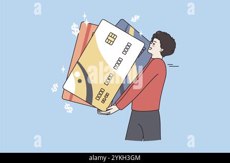 Successo finanziario e concetto di ricchezza. Giovane uomo positivo che tiene enormi carte di credito per pagare la sensazione eccitato su sfondo blu illustrazione vettoriale Foto Stock