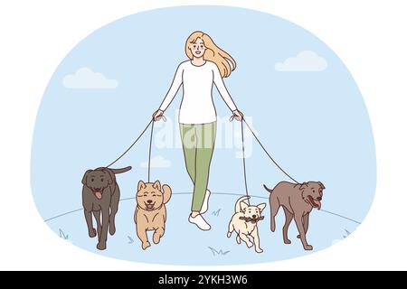 Giovane donna sorridente con cani al guinzaglio che cammina nel parco. Passeggino per animali domestici con animali domestici all'aperto. Illustrazione vettoriale Foto Stock