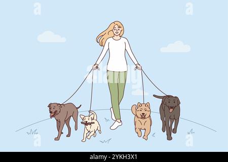 Giovane donna sorridente con cani al guinzaglio che cammina nel parco. Passeggino per animali domestici con animali domestici all'aperto. illustrazione Foto Stock