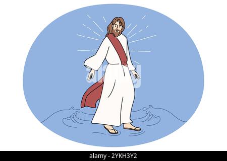 Gesù Cristo che cammina l'acqua. La storia biblica del Messia cammina sulla superficie dell'acqua. Religione e fede. Cristianesimo. Illustrazione vettoriale piatta Foto Stock