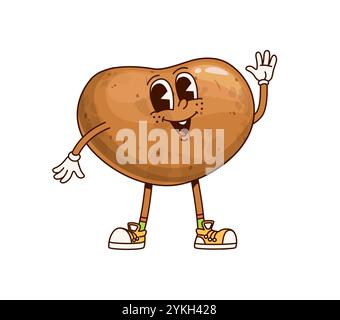 Carattere vegetale di patate. Un adorabile personaggio di cibo maturo di cartoni animati isolato che indossa scarpe da ginnastica e guanti, che ondeggia la mano con una felice espressione del viso sorridente, trasuda un'atmosfera retrò funky Illustrazione Vettoriale