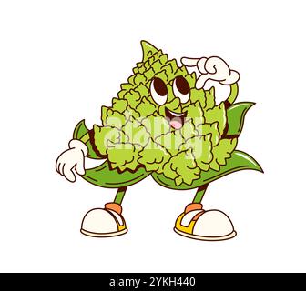 Vivace personaggio vegetale di cavolo Romanesco con faccia felice, cartone animato retrò vettoriale. Emoji comico di cavolo Romanesco goffrato e funky con un bel sorriso per il personaggio dei cartoni animati del cibo vegetale Illustrazione Vettoriale