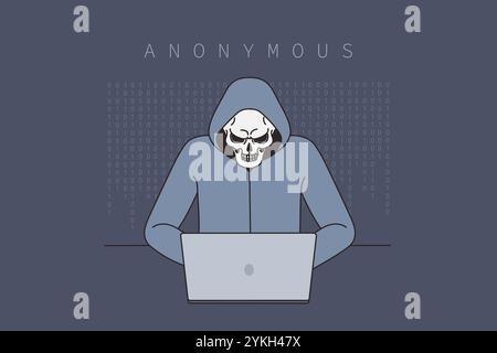 Hacker anonimo nel cappuccio e maschera cranio lavoro su computer rompere software operativo. Darknet programma di hack utente sul laptop. Diffusione di spam o virus, techno Foto Stock