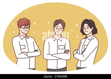 Ritratto di uomini d'affari in uniforme con badge che dimostrano fiducia e professionalità. Lavoratori in camicie bianche con documenti d'identità sul posto di lavoro. Occupazione co Foto Stock