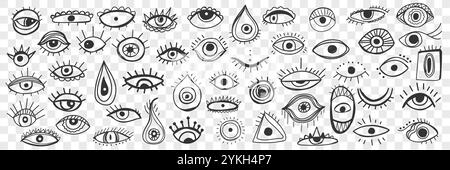 Set di coccole occultate spirituali. Raccolta di mano ha disegnato vari occhi come simboli culturali religiosi e spirituali e mascotte isolato su trasparente Foto Stock