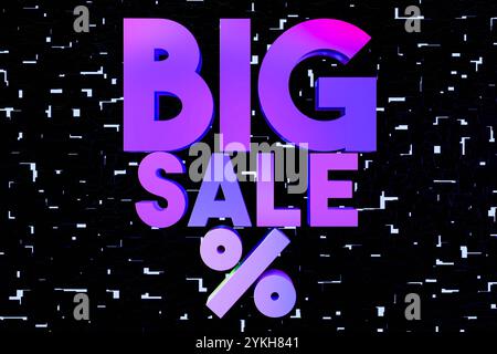 Vivace tipografia 3D con la frase "BIG SALE" in tonalità viola e rosa sfumate su un elegante sfondo nero con effetti glitch. Promozione Foto Stock