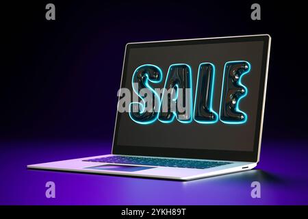 Notebook moderno con VENDITA di parole in grassetto lettere 3D con bordi blu neon su sfondo viola e nero sfumato. Perfetto per le vendite online, e Foto Stock