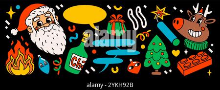 Adesivi per cartoni animati natalizi. Allegro Babbo Natale vintage anni '70, cervo, regalo, albero di Natale e altri elementi. Illustrazione Vettoriale