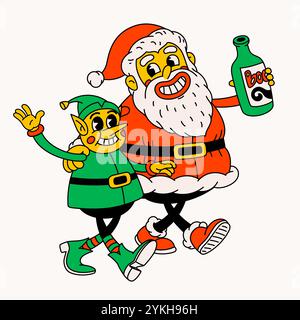 Babbo Natale ubriaco ed elfo. Simpatici personaggi vintage di Babbo Natale e degli elfi che celebrano le vacanze. Illustrazione Vettoriale