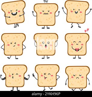 Carattere della fetta di pane. Brindisi emotivi divertenti in pose diverse. Simpatica mascotte per bambini a forma di cartoni animati, elemento per la colazione kawaii. Vettore neoterico alimentare isolato Illustrazione Vettoriale