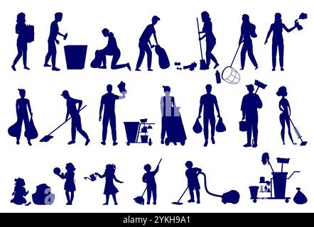 Adulti e bambini impegnati nel set di silhouette per la pulizia della casa Illustrazione Vettoriale
