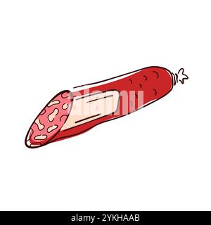 Fette di salame a fette in stile piatto. Saporito prodotto a base di carne affumicata per il design della spesa. Isolato su sfondo bianco. Illustrazione Vettoriale