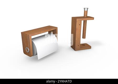 Due portarotoli da cucina in legno, uno montato a parete e uno indipendente, con un design moderno e minimalista Foto Stock