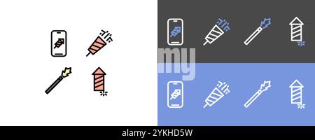 Set di simboli per l'anno nuovo - fuochi d'artificio, simboli di luci piroettanti Illustrazione Vettoriale