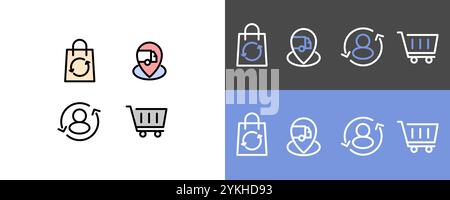 Set di simboli per l'e-commerce e il negozio online: Aggiornamento moderno del carrello, posizione di consegna, aggiornamento utente e icone del carrello Illustrazione Vettoriale