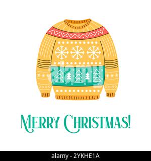 Buon biglietto di Natale. Maglione simpatico e brutto abiti caldi tradizionali. Semplice illustrazione vettoriale quadrata con i saluti di Natale. Illustrazione Vettoriale
