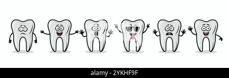 Adorabili personaggi dei denti che mostrano emozioni diverse. Illustrazione dei denti vettoriali piatti - espressioni felici, eccitate, tristi e spaventate. Grazioso design dei denti Illustrazione Vettoriale
