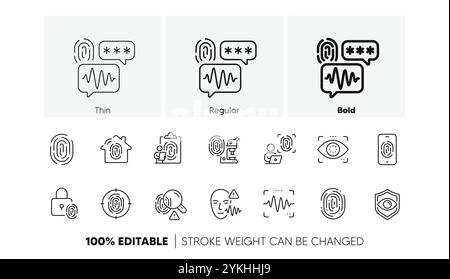 Icone della linea biometrica. Accesso tramite impronte digitali, icone Eye Biometric e Voice Recognition. Icone di linea. Vettore Illustrazione Vettoriale