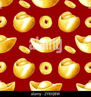 Lingotto d'oro del Capodanno cinese Yuan Bao con motivo senza cuciture delle monete dorate. Simbolo della ricchezza nel Feng Shui. Illustrazione disegnata a mano con acquerello Foto Stock