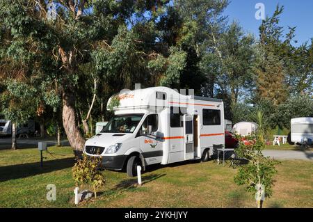 Un camper Britz in un campeggio con alberi. Mount Somers Holiday Park, Canterbury, South Island, nuova Zelanda. Turismo. Passo di aggancio elettrico Foto Stock