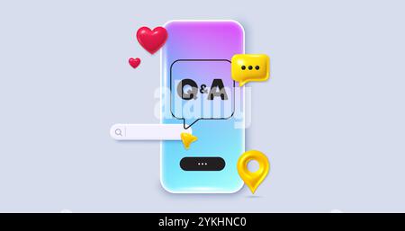 App per telefono social media. Icona domande e risposte. Rispondi al segnale della domanda. Simbolo FAQ. Barra di ricerca dei social media, ad esempio, icone di chat 3D. Domande e risposte Illustrazione Vettoriale