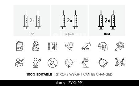 Icone della linea di vaccino. Corona jab, siringa medica, icone passaporto di vaccinazione. Vaccino anti-COVID, vettore umano cacciato Illustrazione Vettoriale