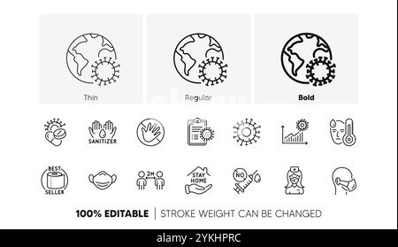Set di icone della linea coronavirus. Lavare le mani, maschera medica, occhiali protettivi. Pandemia di COVID-19. Icone di linea. Vettore Illustrazione Vettoriale