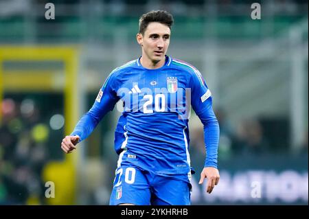 Andrea Cambiaso dell'Italia durante la partita del gruppo 2 di UEFA Nations League 2024/25 di Lega A tra Italia e Francia allo Stadio Giuseppe Meazza il 17 novembre 2024 a Milano. Foto Stock