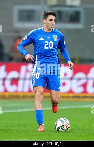 Andrea Cambiaso dell'Italia durante la partita del gruppo 2 di UEFA Nations League 2024/25 di Lega A tra Italia e Francia allo Stadio Giuseppe Meazza il 17 novembre 2024 a Milano. Foto Stock