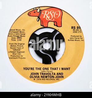 Etichetta centrale della versione single da sette pollici di You're the One That i Want di John Travolta e Olivia Newton-John, pubblicata nel 1978 Foto Stock