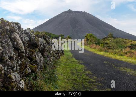 Un viaggio su strada lungo la strada rettilinea più lunga del Portogallo con vista sul monte Pico e sulla catena montuosa delle Azzorre. Foto Stock