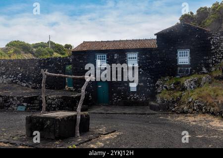 Cachorro con le sue case tradizionali e le formazioni rocciose di lava si trova sulla costa della parrocchia di Bandeiras, nel comune di Madalena, Pi Foto Stock