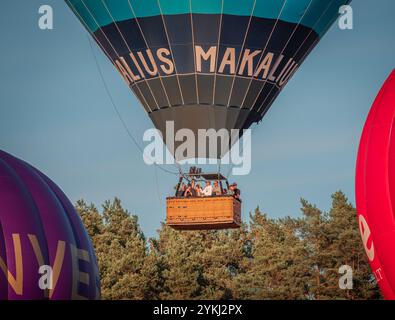 Palloncini colorati che si innalzano nel cielo azzurro durante un vivace evento in mongolfiera, che mette in mostra avventura, libertà e attività ricreative all'aperto Foto Stock