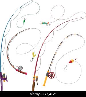 Set di canne da pesca colorate dei cartoni animati Illustrazione Vettoriale