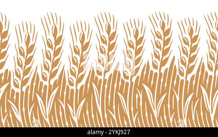 Orecchie di grano in un motivo decorativo senza cuciture sul campo. Elemento di design per il confezionamento di panetteria, pasticcini, cibo sano Illustrazione Vettoriale