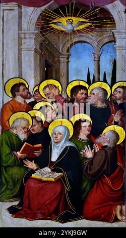 Pala d'altare di Santa Maria de Segueró (Garrotxa) Pentecosta- Pentecoste di Pere Mates 1535/1550 XVI secolo, Museo di Belle Arti di Girona, Spagna, spagnolo, ( una tavola di un trittico ) Trittico del Maestro de Matas, Pentecoste, festa cristiana che celebra la discesa dello Spirito Santo sui discepoli di Gesù dopo la sua Ascensione, tenutasi la settima domenica dopo Pasqua. Foto Stock