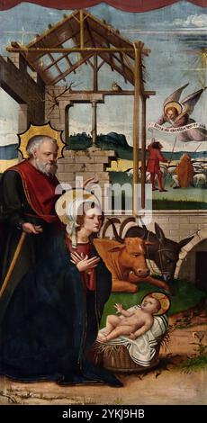 Natività - tabella di creazione. Pala d'altare di Santa Maria de Segueró (Garrotxa) Pere Mates 1535/1550 XVI secolo, Museo di Belle Arti di Girona, Spagna, spagnolo, ( una tavola di un trittico ) Trittico del Maestro de Matas, ( Natività, si riferisce alla, nascita di Gesù, figura centrale della religione cristiana, celebrazione della Natività, durante il Natale, ) Foto Stock