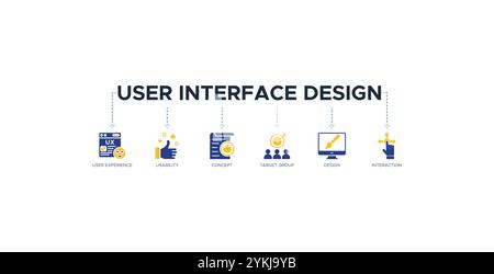 Design dell'interfaccia utente banner icona Web illustrazione vettoriale concetto con icona di esperienza utente, usabilità, concetto, gruppo di destinazione, Illustrazione Vettoriale