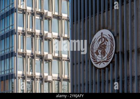 Firma sulla sede dell'Organizzazione Mondiale della Sanità (OMS), l'agenzia specializzata delle Nazioni Unite responsabile della salute pubblica globale Foto Stock