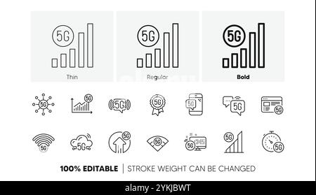 Set di icone di linea della tecnologia 5G. Rete mobile, connessione telefonica, Internet veloce. Segnale hotspot. Icone di linea. Vettore Illustrazione Vettoriale