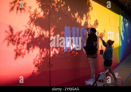 Gli artisti di strada dipingono murales su un edificio sulla South Congress Avenue ad Austin, Texas. Foto Stock