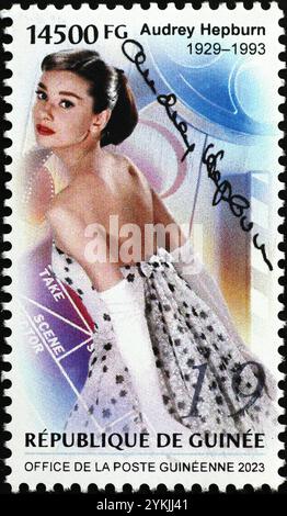 Audrey Hepburn e la sua firma sul francobollo Foto Stock
