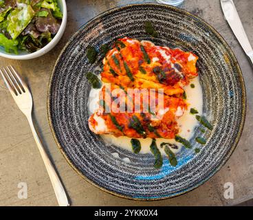 Cannelloni tradizionali italiani farciti con carne macinata cotta in salsa di besciamella, salsa di spinaci decorata. Cannelloni gorgonzola Foto Stock