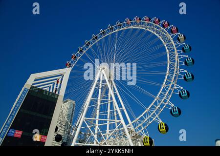 Sokcho, Corea del Sud - 3 novembre 2024: La torreggiante ruota panoramica Sokcho Eye presenta cabine colorate, con edifici moderni sullo sfondo Foto Stock