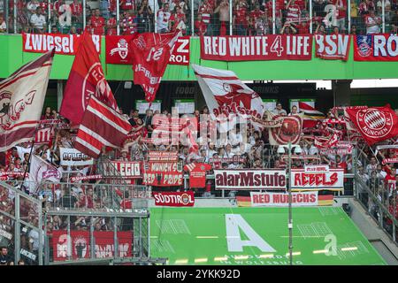 Wolfsburg, Germania. 25 agosto 2024. 1) Bundesliga - VfL Wolfsburg - FC Bayern München am 25.08.2024 nella der Volkswagen Arena di Wolfsburg Die mitgereisten Fans des FC Bayern München/Muenchen schwenken im Gästeblock Fahnen foto: Osnapix regolamenti DFL vietano qualsiasi uso di fotografie come sequenze di immagini e/o quasi-video crediti: dpa/Alamy Live News Foto Stock