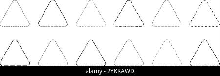 Figure triangolari tratteggiate isolate su sfondo bianco. Forme geometriche triangolari con linee tratteggiate. Tagliare qui i pittogrammi. Illustrazione del profilo vettoriale. Illustrazione Vettoriale