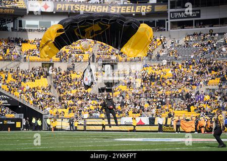 Pittsburgh, Pennsylvania, Stati Uniti. 17 novembre 2024. 17 novembre 2024: Paracadutista militare STATUNITENSE durante la partita tra Pittsburgh Steelers e Baltimore Ravens all'Acrisure Stadium di Pittsburgh, Pennsylvania. Brook Ward/Apparent Media Group (Credit Image: © AMG/AMG via ZUMA Press Wire) SOLO PER USO EDITORIALE! Non per USO commerciale! Foto Stock