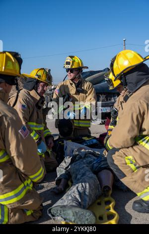 I membri della protezione antincendio del 124th Fighter Wing partecipano a un'esercitazione di risposta agli incidenti gravi a Gowen Field, Boise, Idaho, 8 novembre 2024. Lo scenario di questo MARE includeva due vittime intrappolate in un veicolo che è stato schiacciato da una bomba inerte nell'area di sosta delle munizioni di Gowen. (Foto della U.S. Air National Guard di Tech Sgt. Mercedee Wilds) Foto Stock